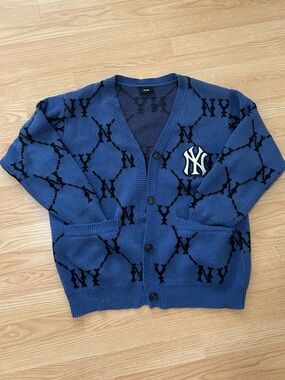 MLB Korea New York Yankees Monogram Knit Cardigan Blue - Unisex Fits S